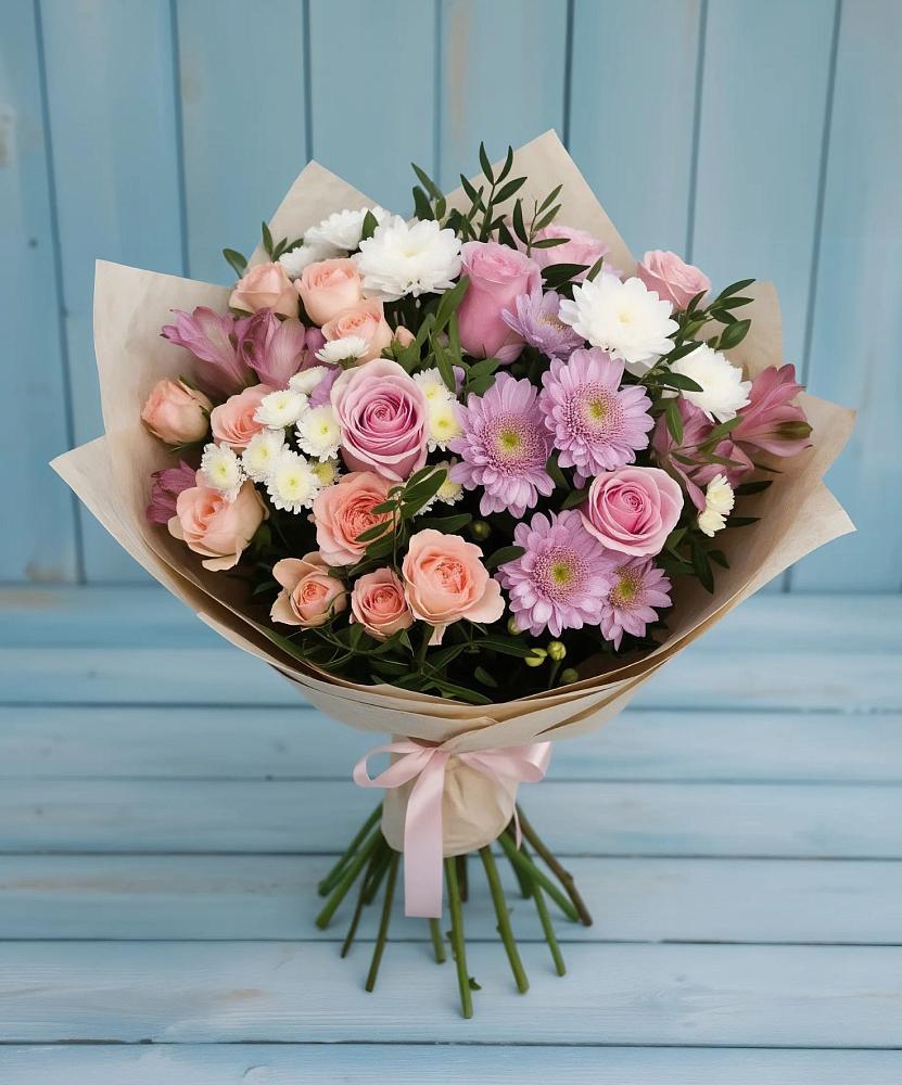 Букет цветов из: Хризантемы, Розы и Альстромерии в Мирном