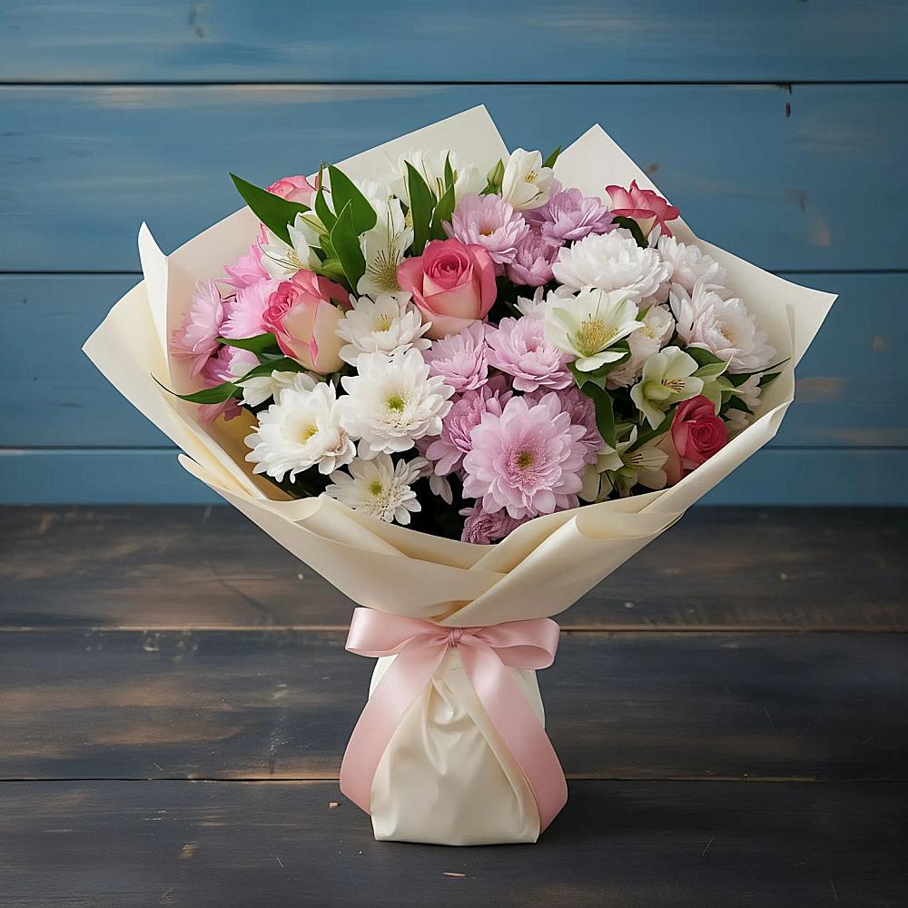 Букет цветов из: Хризантемы, Альстромерии и Розы в Мирном